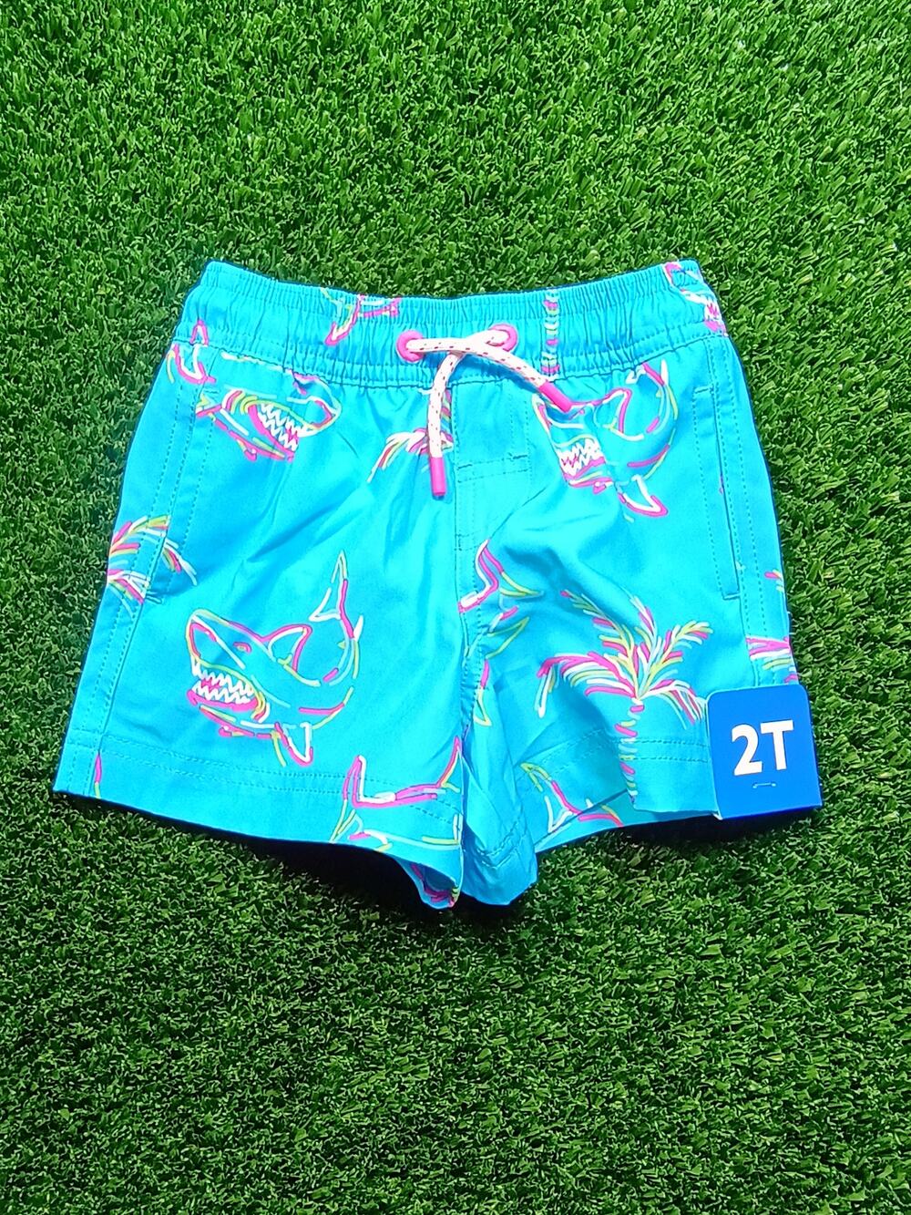 Bright Blue Toddler Swim Trunks - Shark & Flamingo Pattern 2T NWT